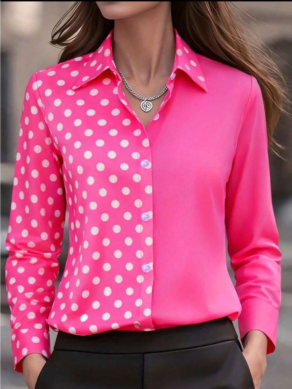 Classic Pink Polka Dot Block Front  Button Down Up Shirt Top Blouse